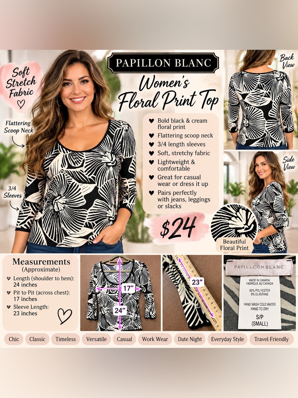Papillon Blanc Abstract Floral Long Sleeve Top in Black & White Size Small